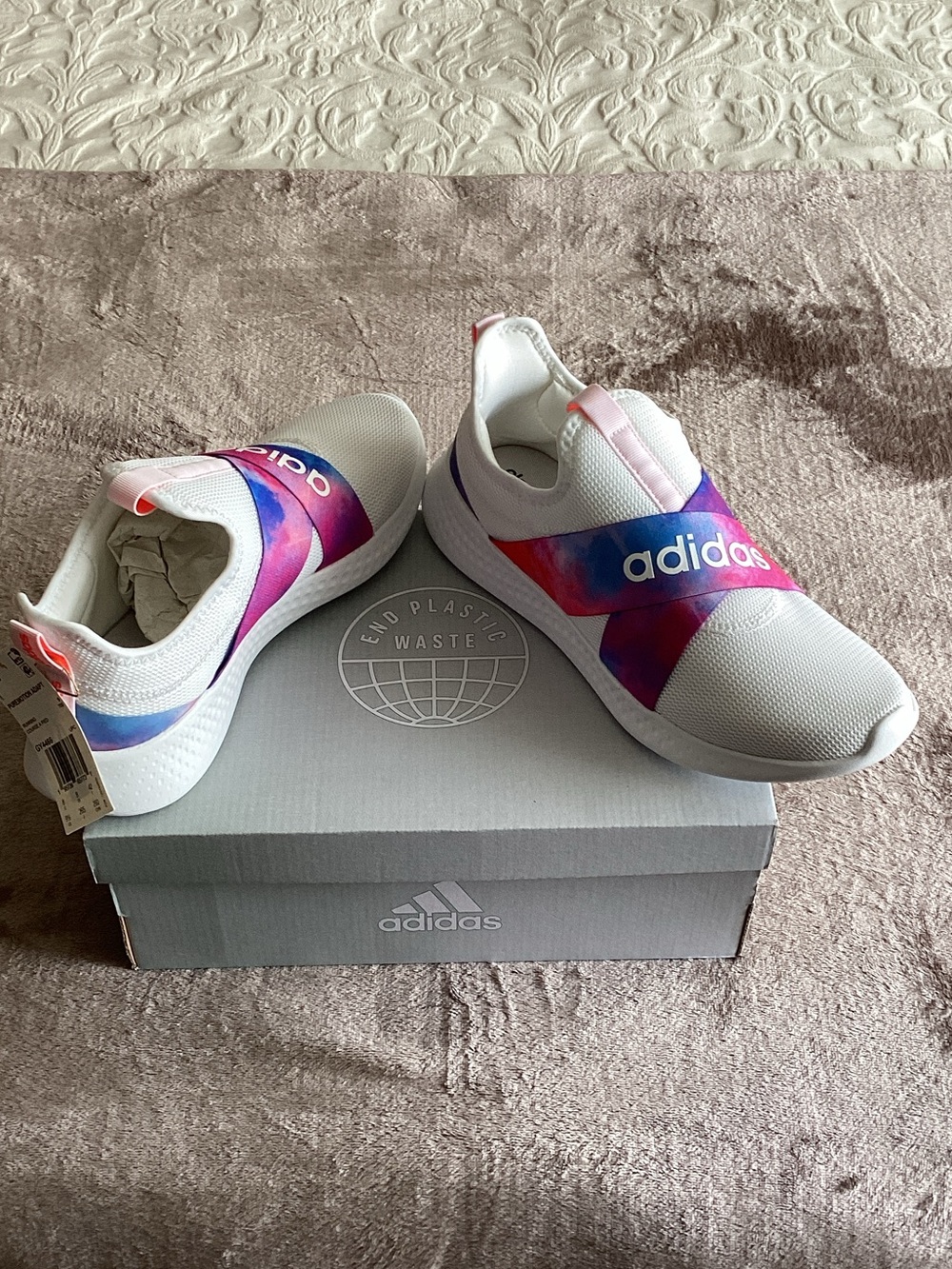 adidas White Slip-On Sneakers with Pink & Purple Accents, Women
